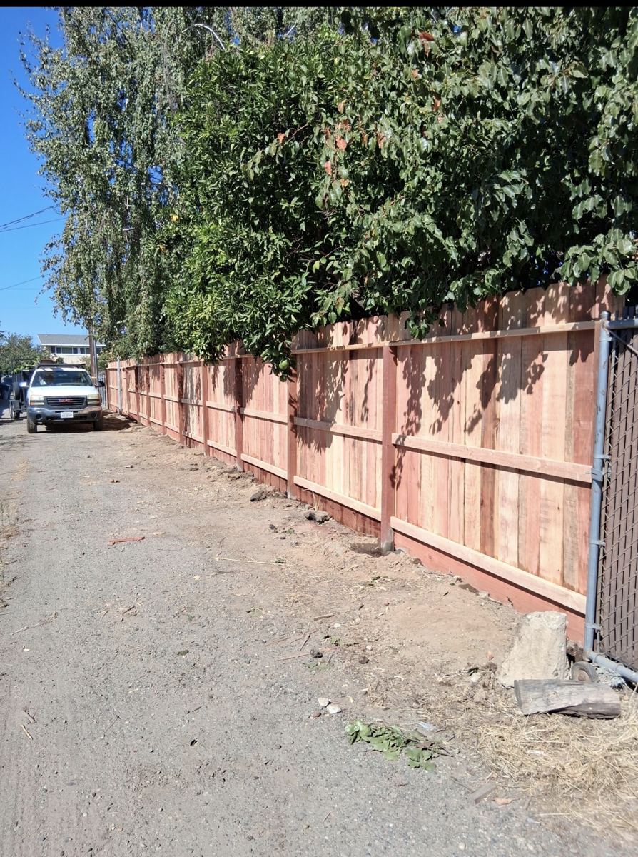 Long vertical board privacy fence newly installed along a back alley