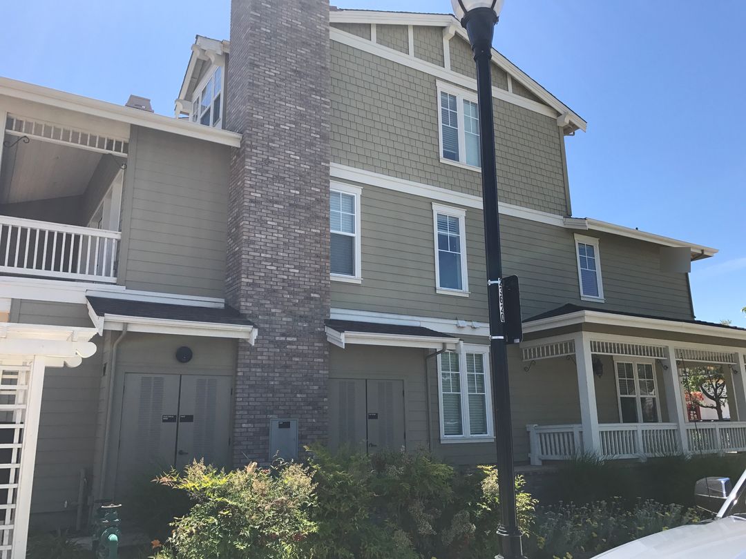 Multi-unit residential building painted sage green with white trim and a brick chimney