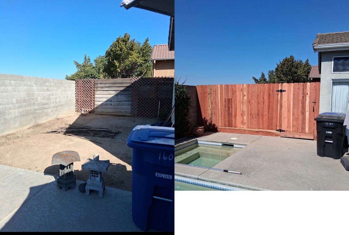 Before and after of an old lattice fence replaced with a new redwood privacy fence and gate by a pool