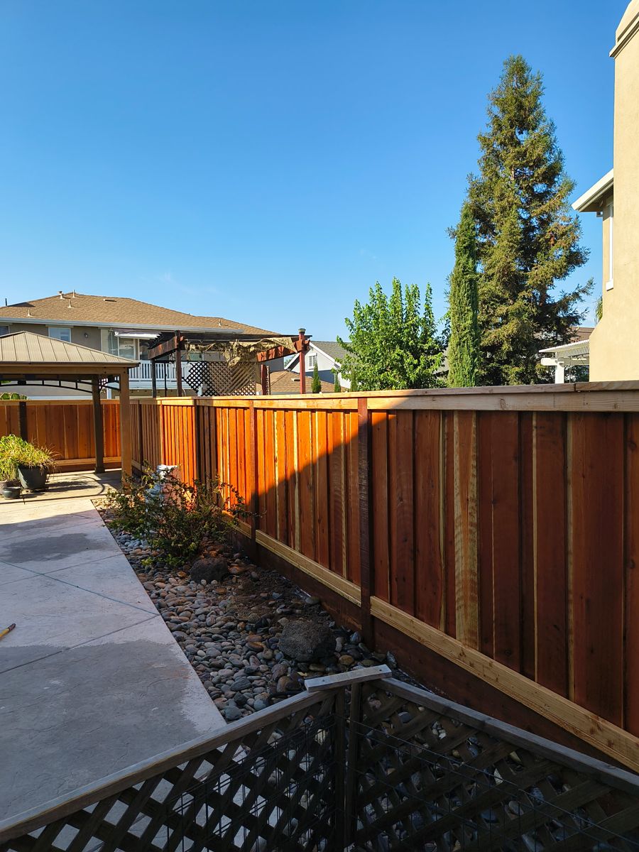 Newly built redwood board fence in the evening sun beside a patio and gazebo